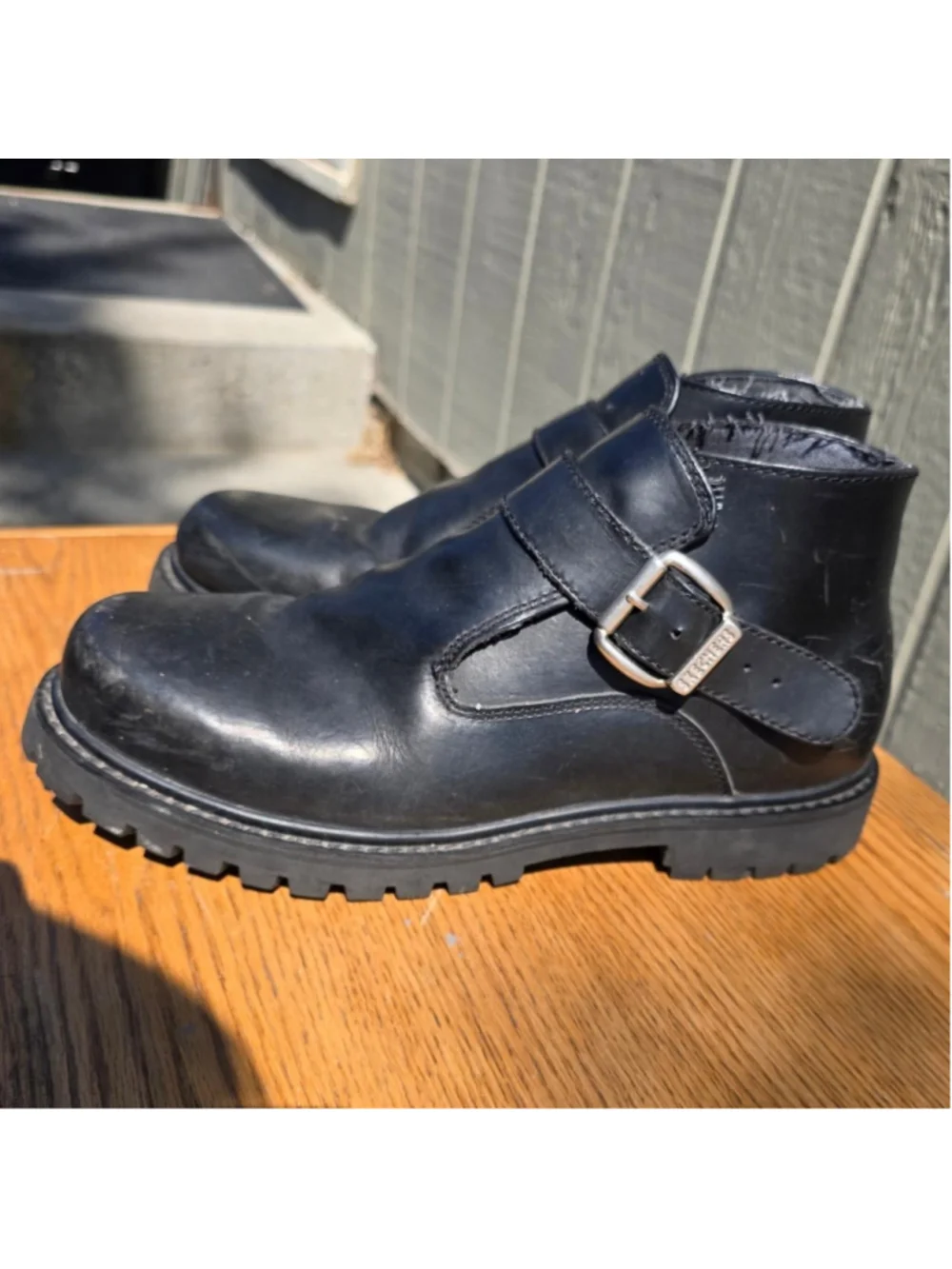Y2K Skechers SN 6909 black leather monk strap lug-sole boots #buckle #ankle has